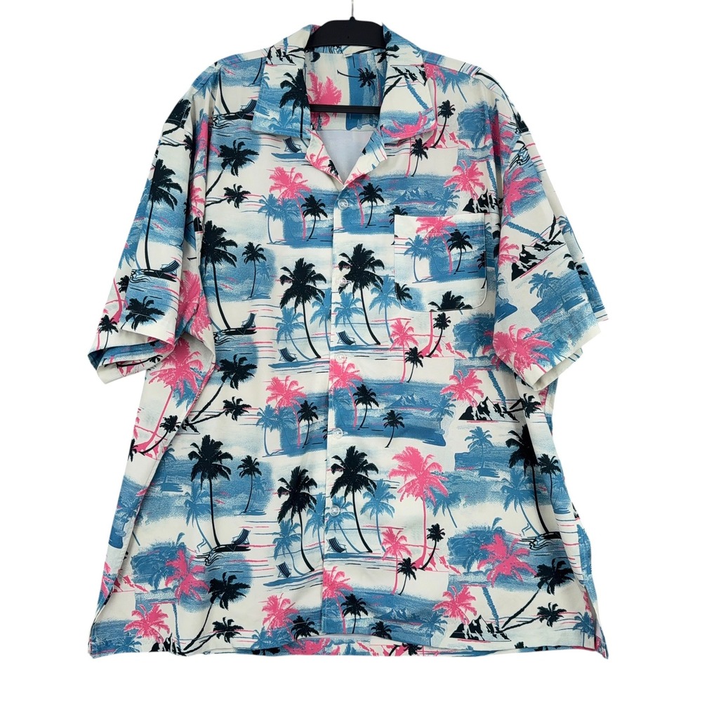 APTRO Hawaiian Shirt Mens 3XL Polyester Tropical Palm Tree Blue Pink 10272